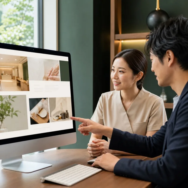 治療院のWEBサイトを確認する院長とWEB担当者